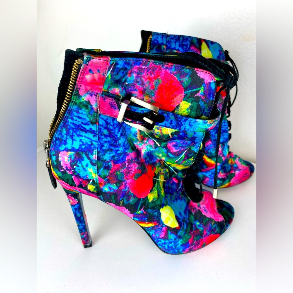 Brian Atwood Shoes Neon
Pink Blue Yellow Black Floral Satin Lace
Up Booties